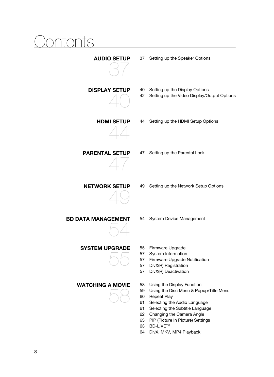 Samsung HT-BD8200 user manual Audio Setup 37 Setting up the Speaker Options, Bd-Live, DivX, MKV, MP4 Playback 