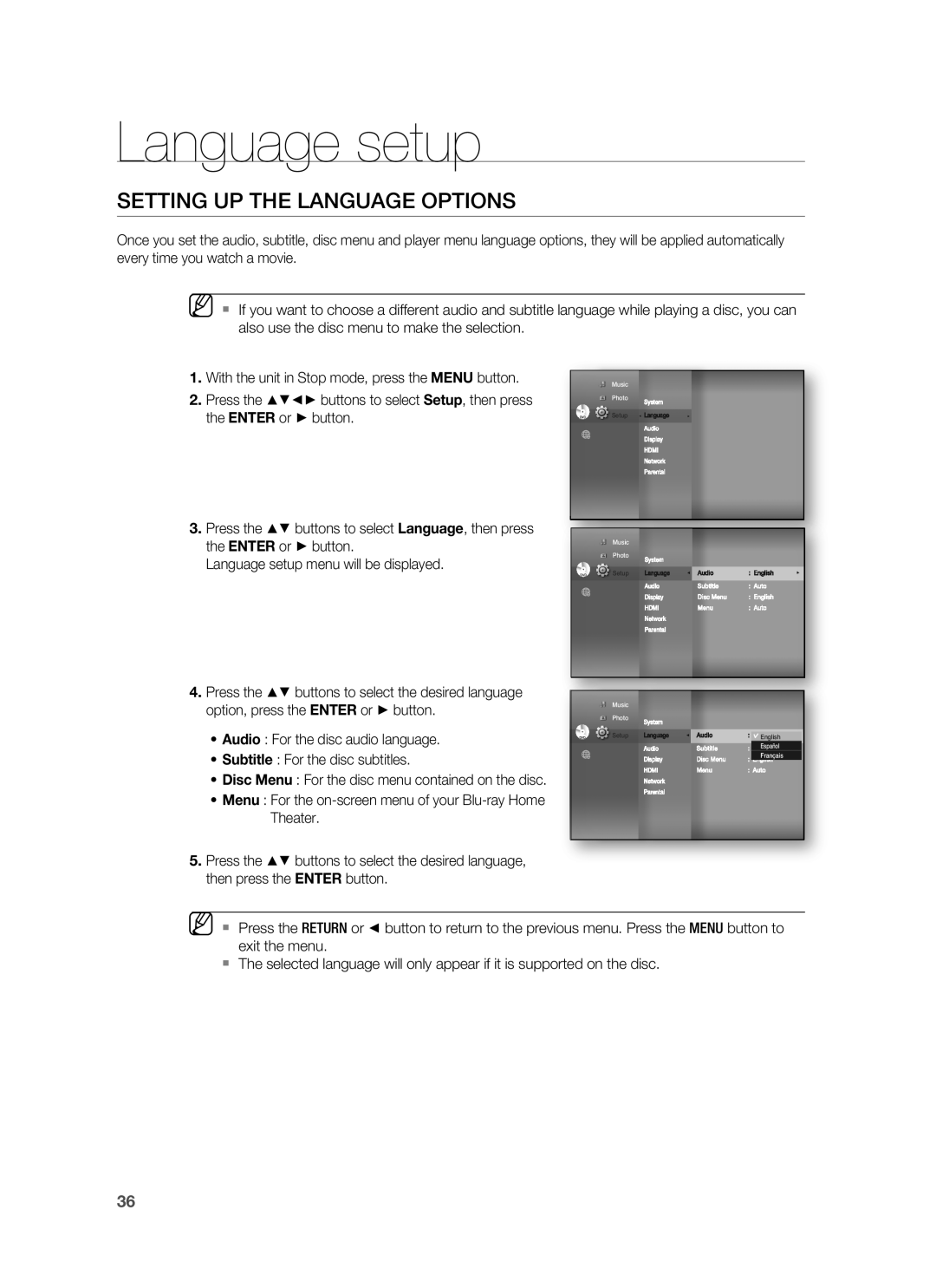 Samsung HT-BD8200 user manual Language setup, Setting Up The Language Options, • Audio : For the disc audio language 