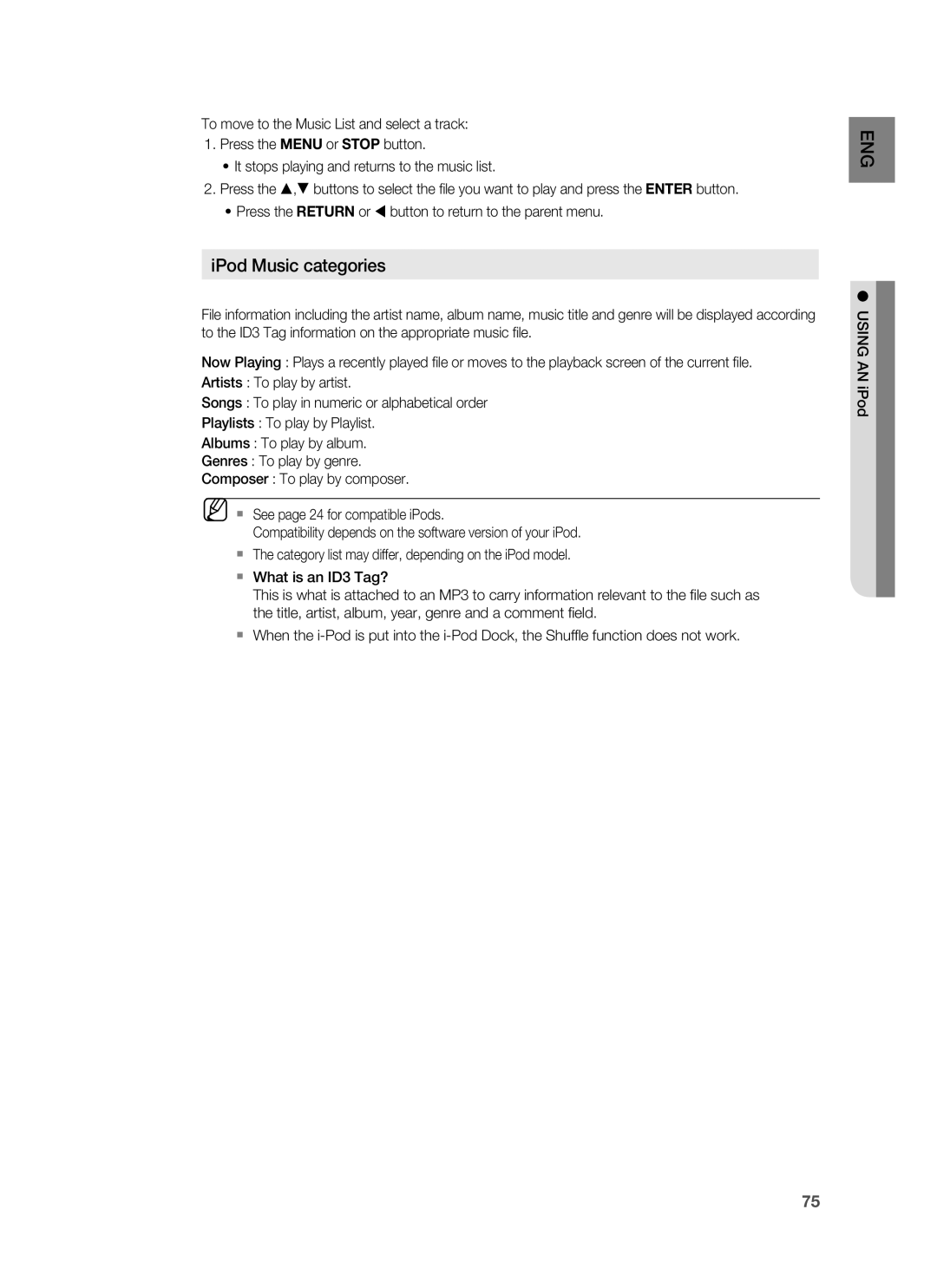 Samsung HT-BD8200 user manual iPod Music categories 
