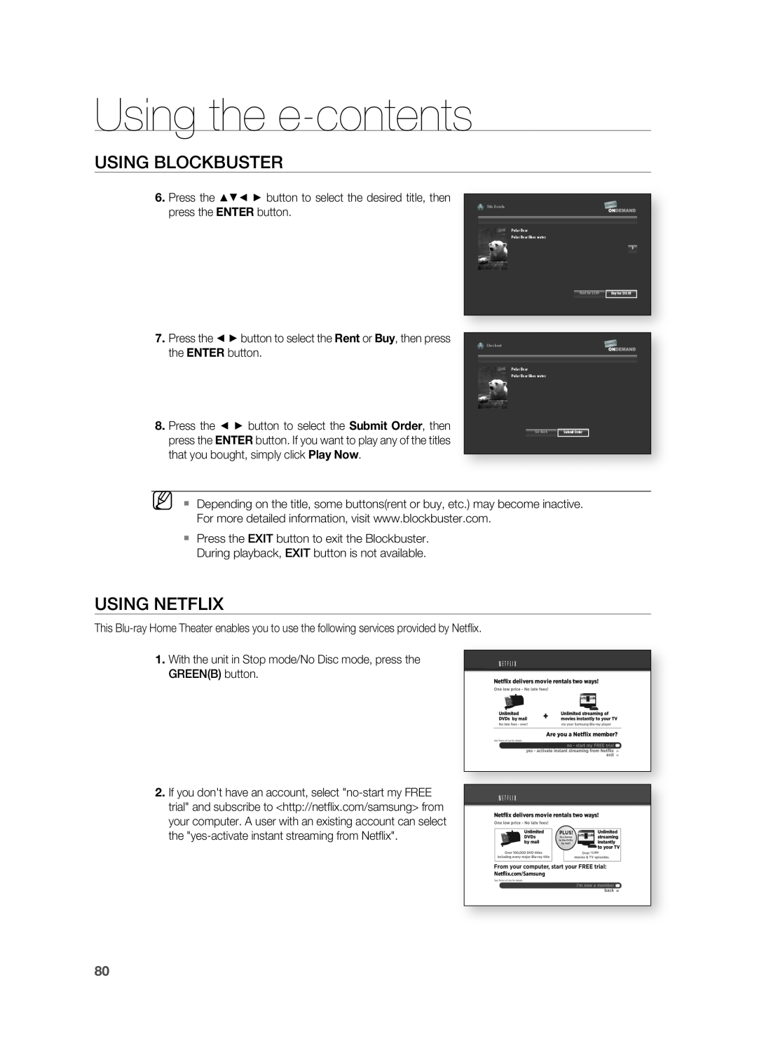 Samsung HT-BD8200 user manual Using Netflix, Using the e-contents, Using Blockbuster, Netflix.com/Samsung 