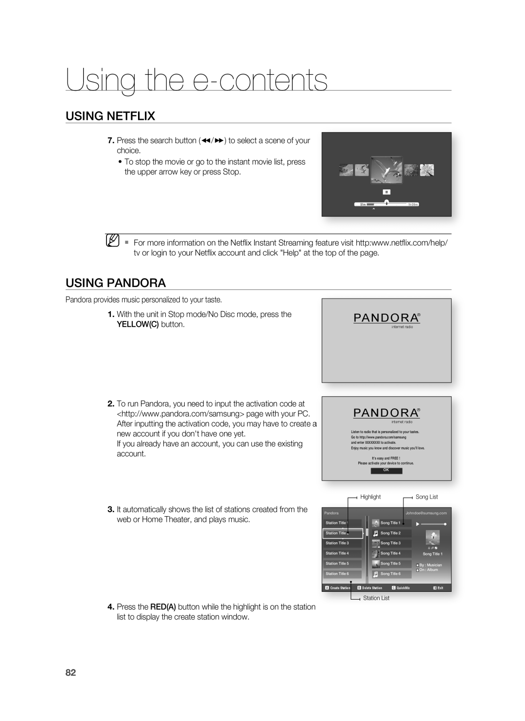 Samsung HT-BD8200 user manual Using Pandora, Using the e-contents, Using Netflix 