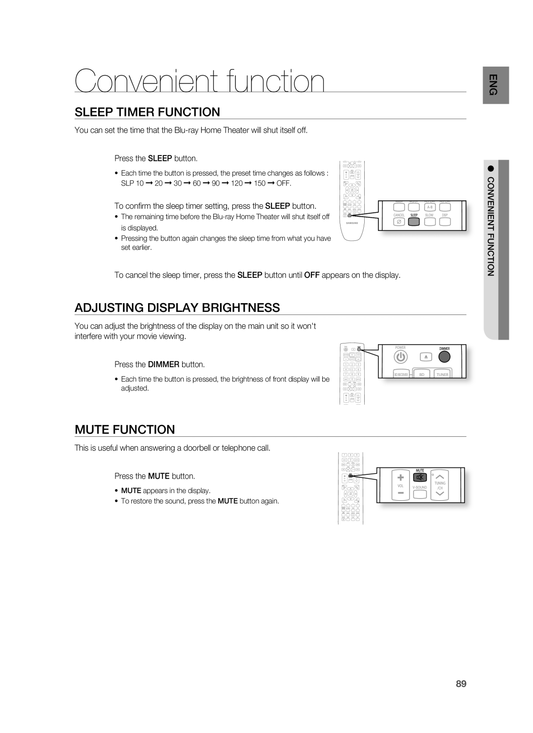 Samsung HT-BD8200 user manual Convenient function, Sleep Timer Function, Adjusting Display Brightness, Mute Function 