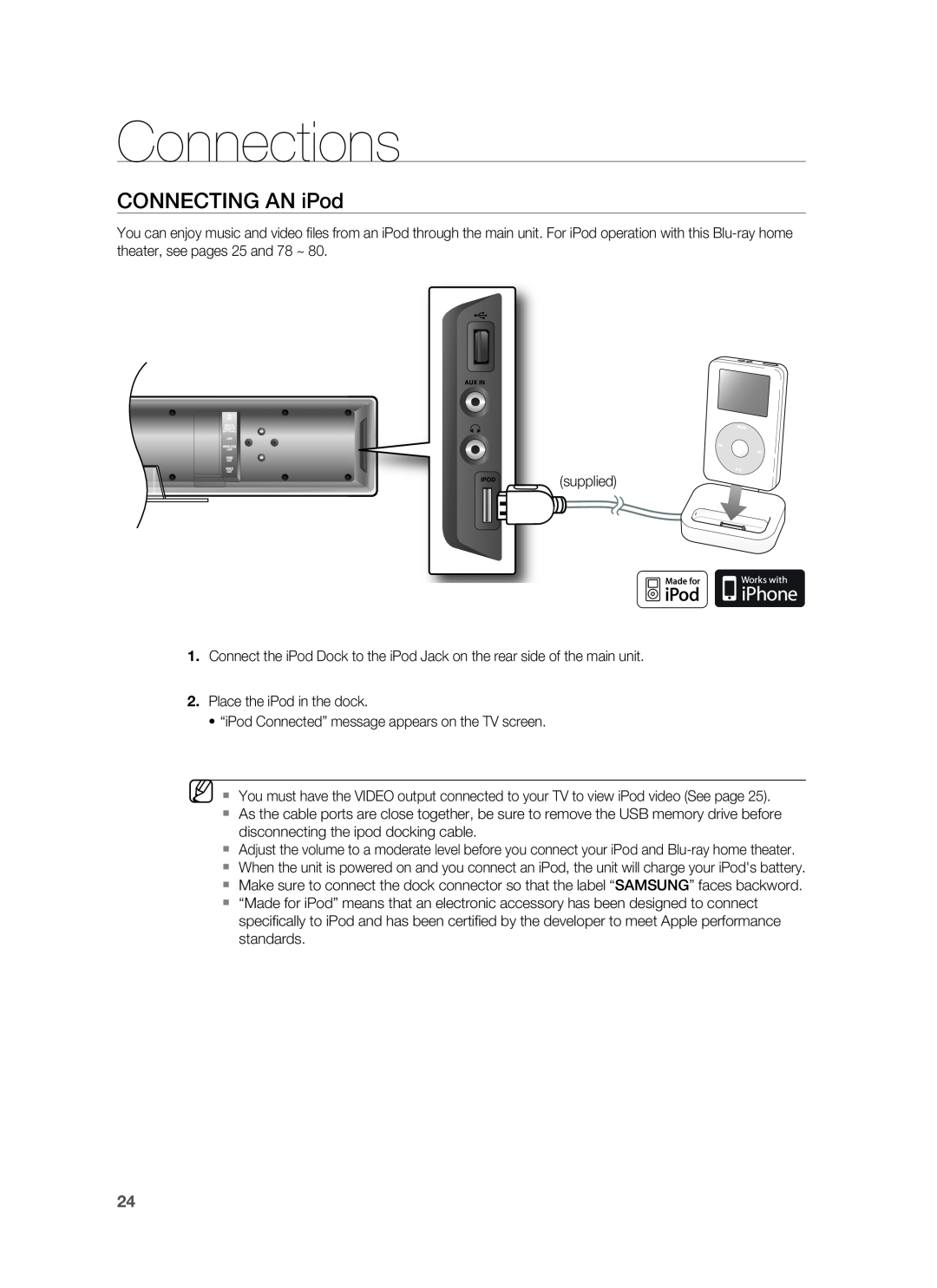 Samsung HT-BD8200 user manual CONNECTING AN iPod, Connections 