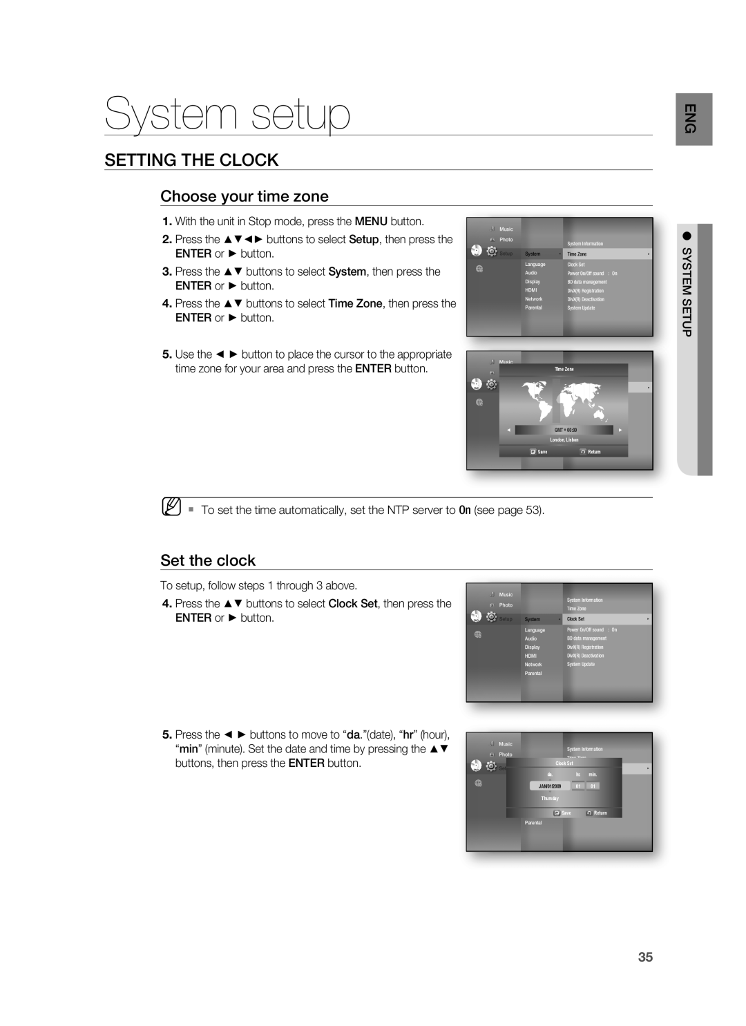 Samsung HT-BD8200 user manual System setup, Setting The Clock, Choose your time zone, Set the clock, ENTER or button 