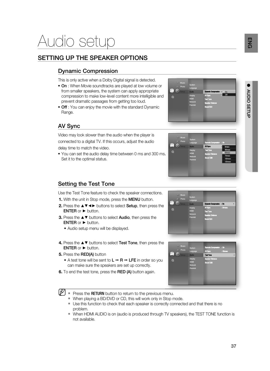 Samsung HT-BD8200 Audio setup, Setting Up The Speaker Options, Dynamic Compression, AV Sync, Setting the Test Tone 