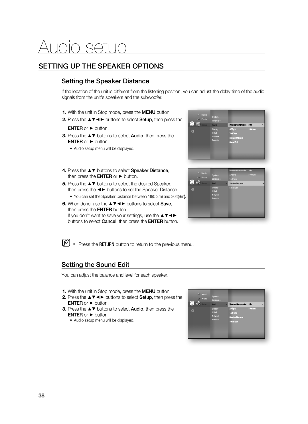 Samsung HT-BD8200 Setting the Speaker Distance, Setting the Sound Edit, Audio setup, Setting Up The Speaker Options 