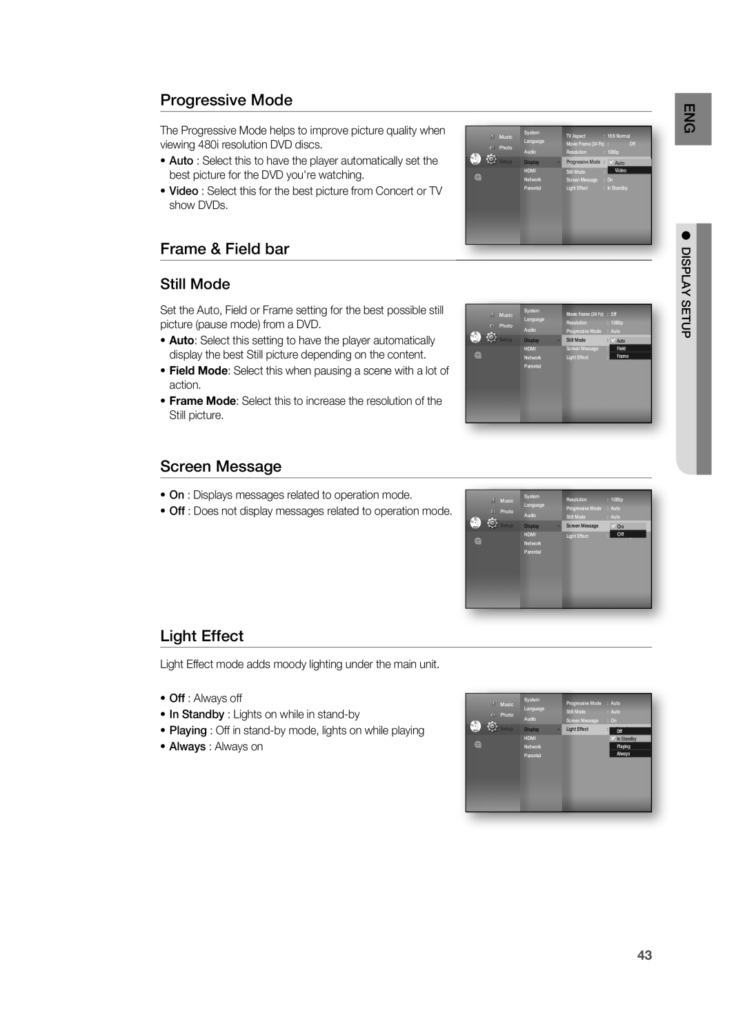Samsung HT-BD8200 Progressive Mode, Frame & Field bar, Screen Message, Light Effect, Still Mode, • Off : Always off 