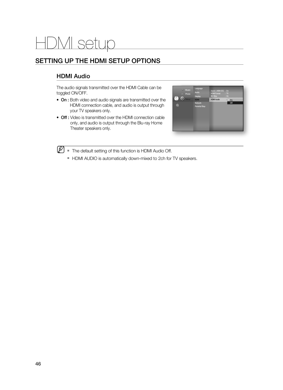 Samsung HT-BD8200 user manual HDMI Audio, HDMI setup, Setting Up The Hdmi Setup Options, toggled ON/OFF 