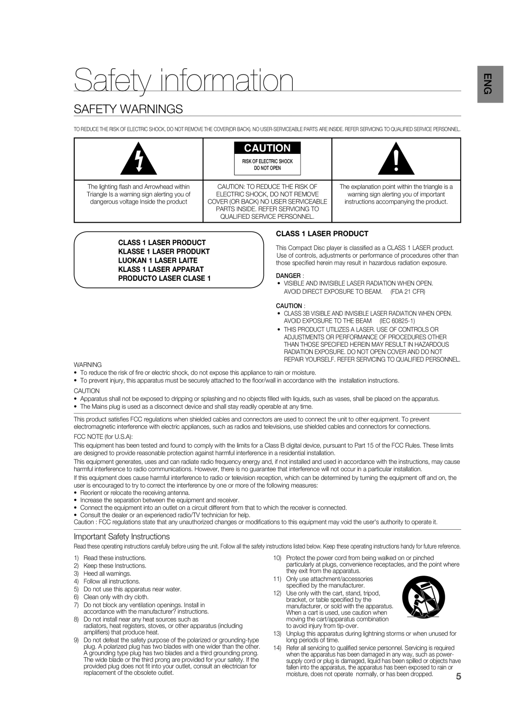 Samsung HT-BD8200 user manual Safety information, Safety Warnings, KLASSE 1 LASER PRODUKT, Producto Laser Clase 