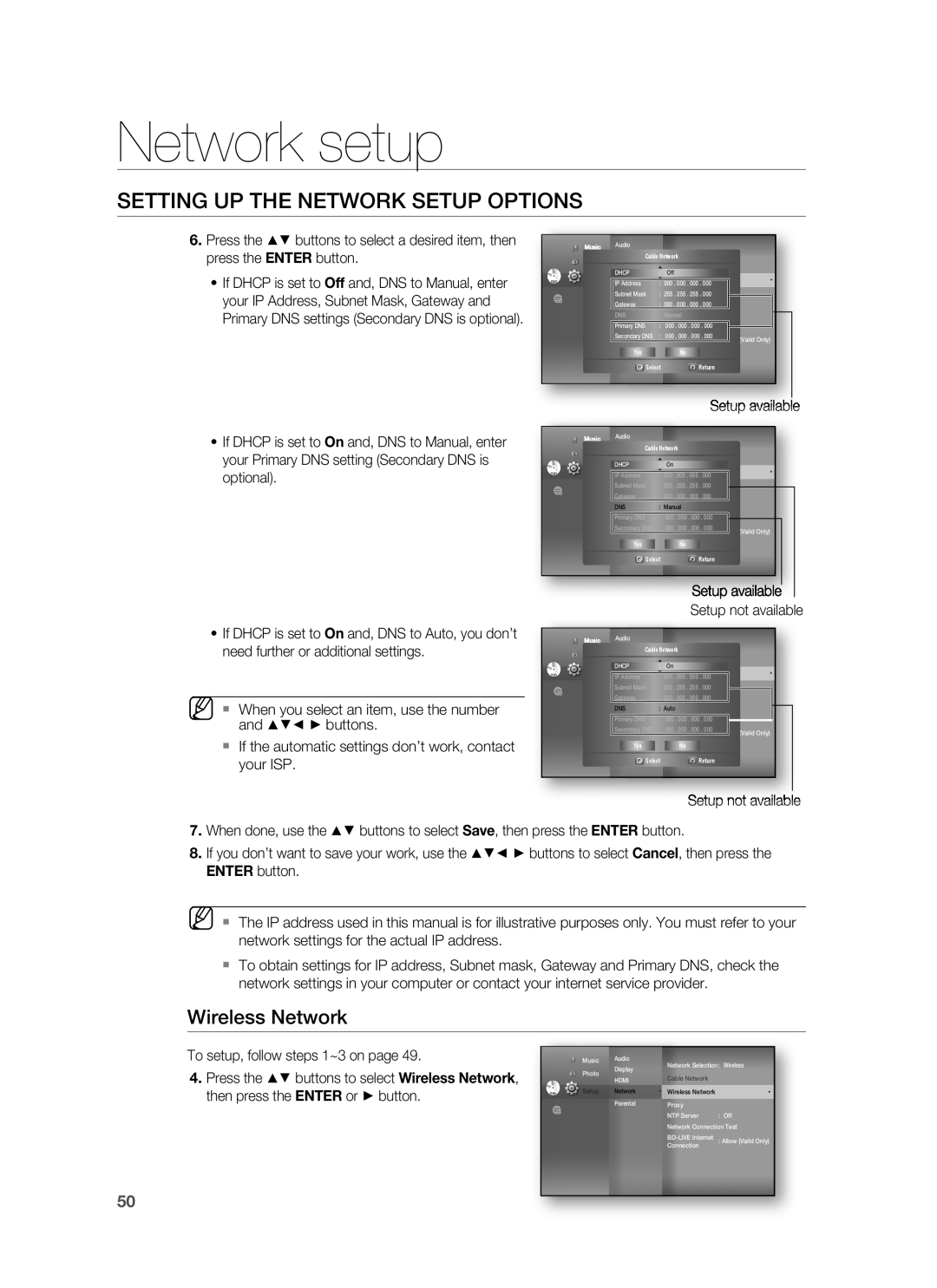 Samsung HT-BD8200 user manual Network setup, Wireless Network, Setting Up The Network Setup Options 