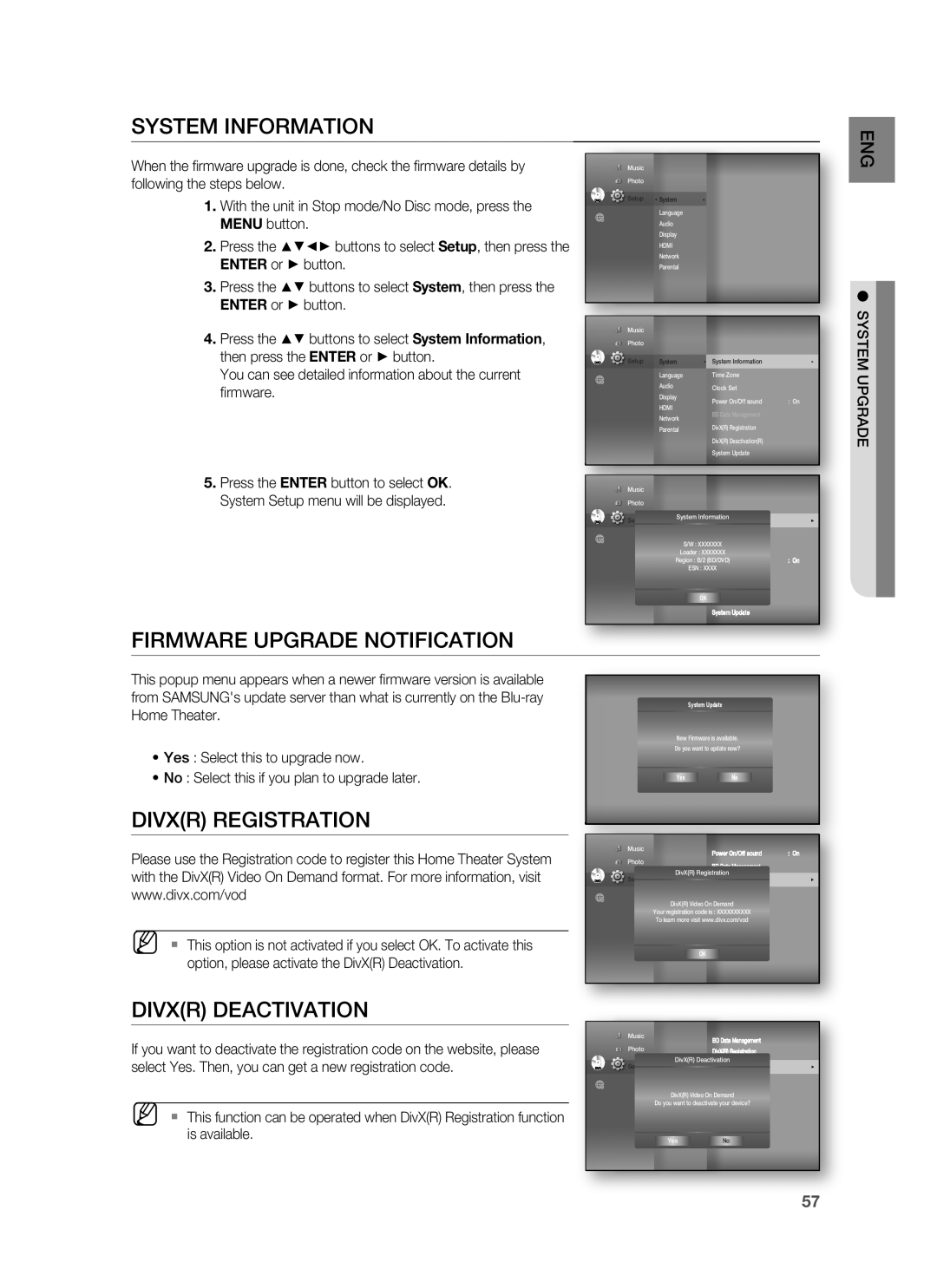 Samsung HT-BD8200 user manual System Information, Firmware Upgrade Notification, Divxr Registration, Divxr Deactivation 