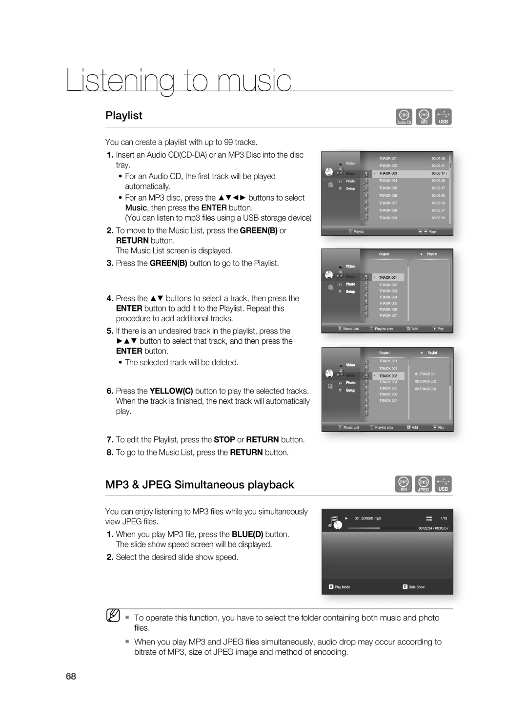 Samsung HT-BD8200 user manual Playlist, MP3 & JPEG Simultaneous playback, Listening to music 