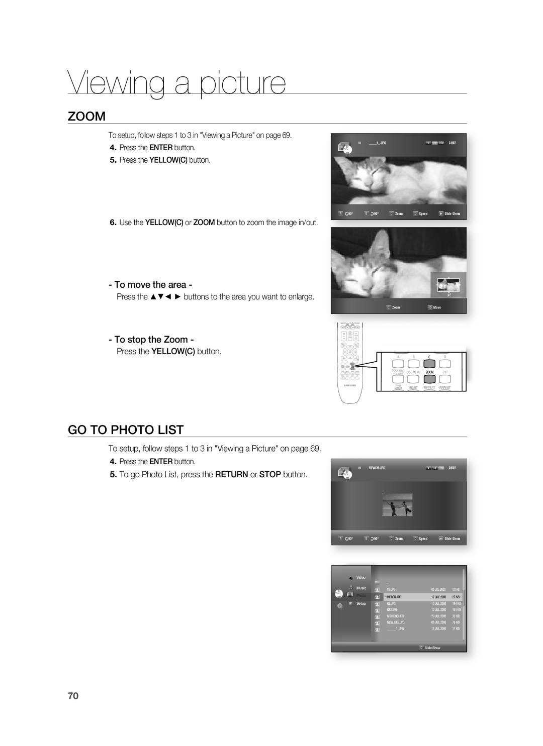 Samsung HT-BD8200 user manual Go To Photo List, Viewing a picture, To move the area, To stop the Zoom 
