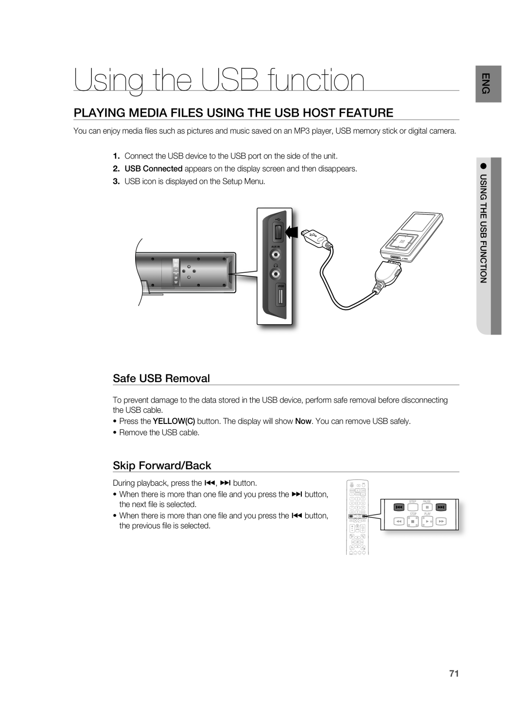 Samsung HT-BD8200 user manual Using the USB function, Playing Media Files Using The Usb Host Feature, Safe USB Removal 