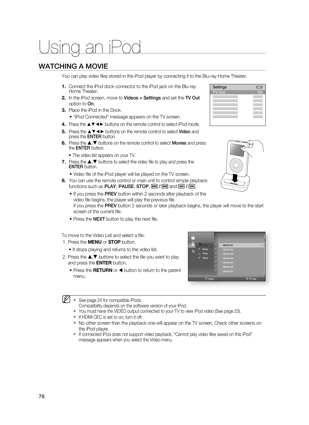 Samsung HT-BD8200 user manual Watching A Movie, Using an iPod 