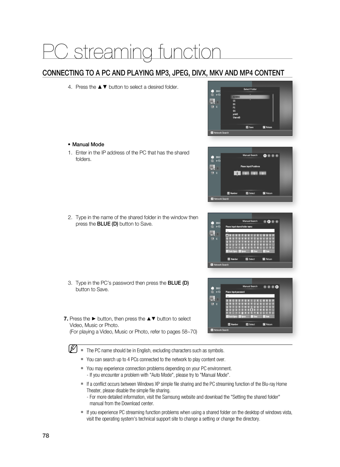 Samsung HT-BD8200 user manual PC streaming function, Press the button to select a desired folder 