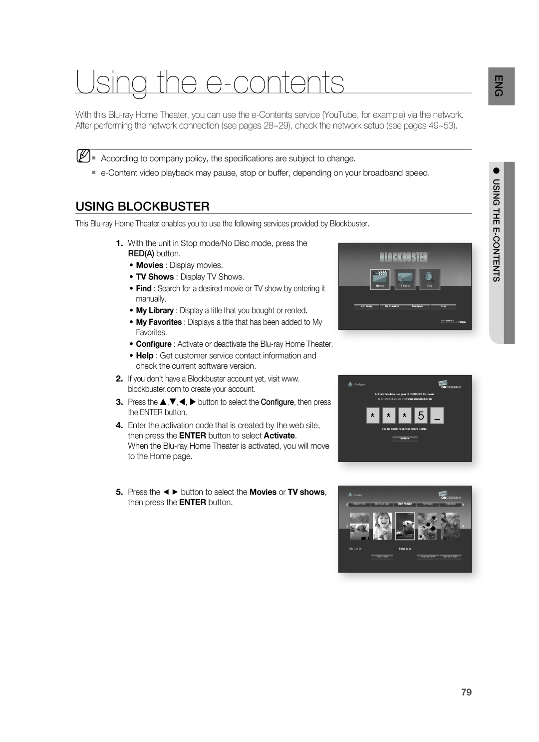 Samsung HT-BD8200 user manual Using the e-contents, Using Blockbuster, • TV Shows : Display TV Shows, manually 