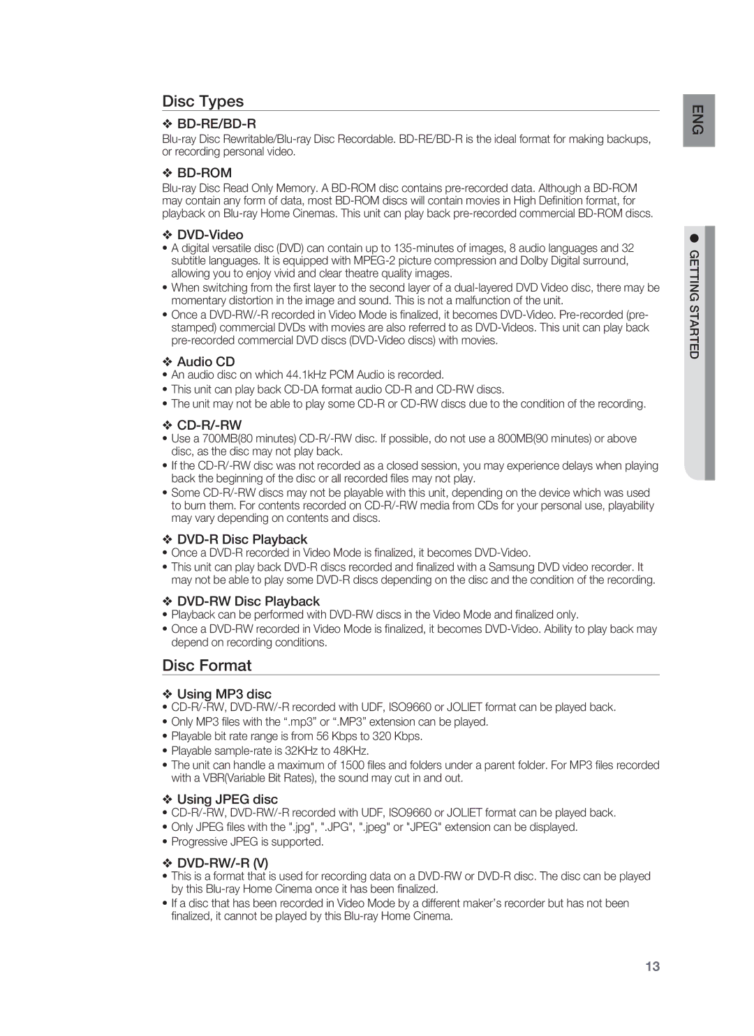 Samsung HT-BD8200T/XET, HT-BD8200T/EDC, HT-BD8200T/ADL, HT-BD8200T/XEF, HT-BD8200T/XEE manual Disc Types, Disc Format 