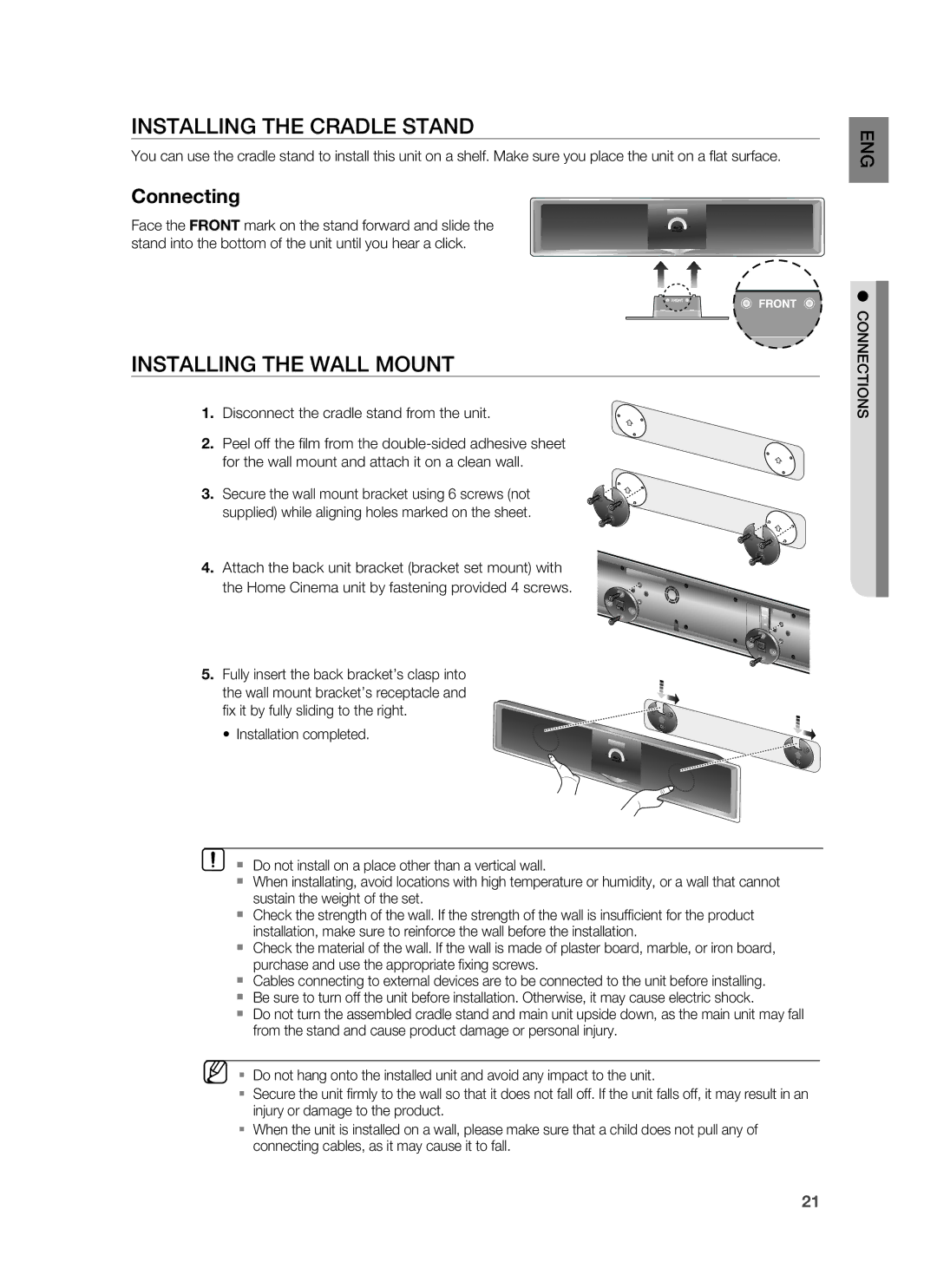 Samsung HT-BD8200T/ADL, HT-BD8200T/EDC, HT-BD8200T/XEF Installing the Cradle Stand, Installing the Wall Mount, Connections 