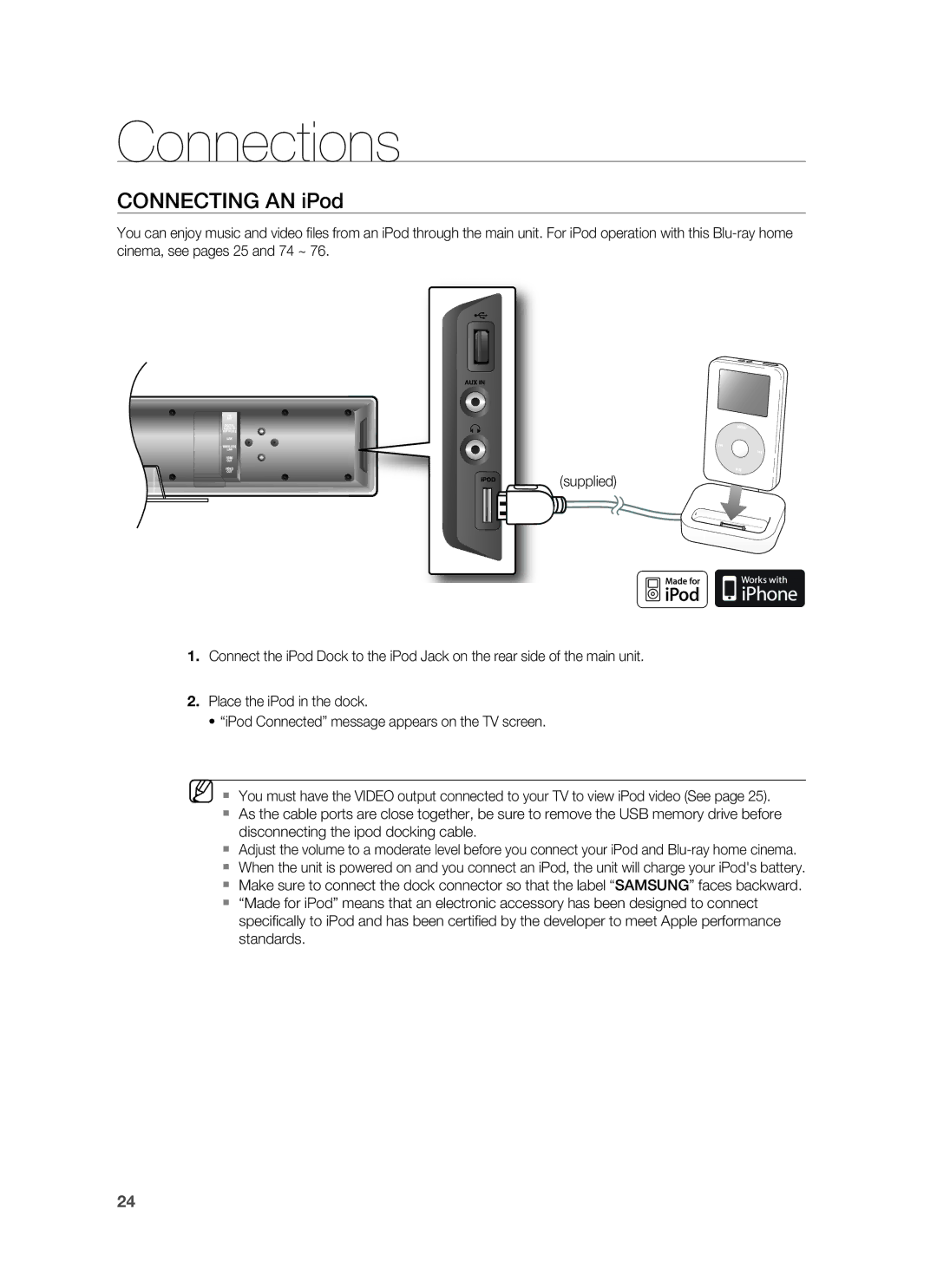 Samsung HT-BD8200T/XEE, HT-BD8200T/EDC, HT-BD8200T/ADL, HT-BD8200T/XEF, HT-BD8200T/XET manual Connecting AN iPod 