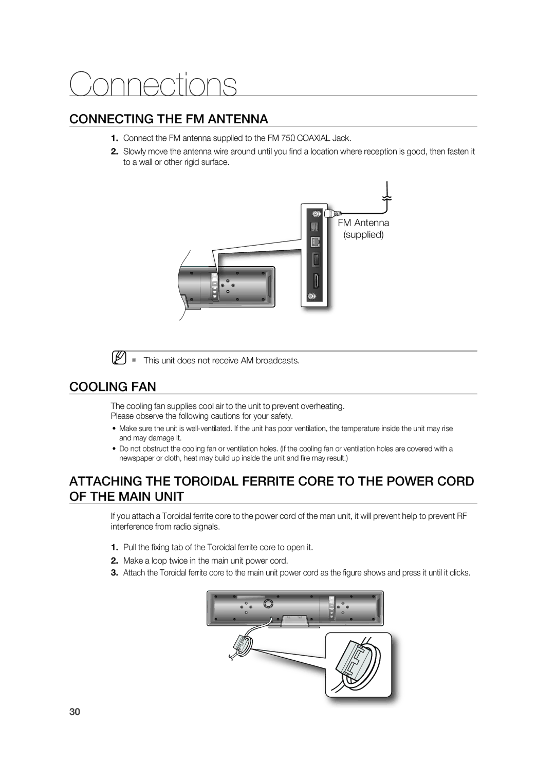 Samsung HT-BD8200T/EDC, HT-BD8200T/ADL, HT-BD8200T/XEF manual Connecting the FM Antenna, Cooling FAN, FM Antenna Supplied 