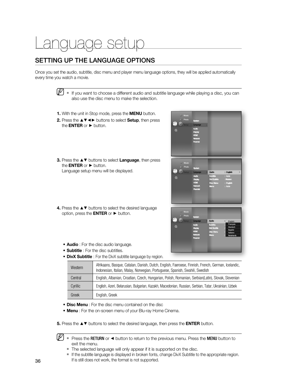 Samsung HT-BD8200T/ADL, HT-BD8200T/EDC, HT-BD8200T/XEF Language setup, Setting UP the Language Options, Central, Cyrillic 