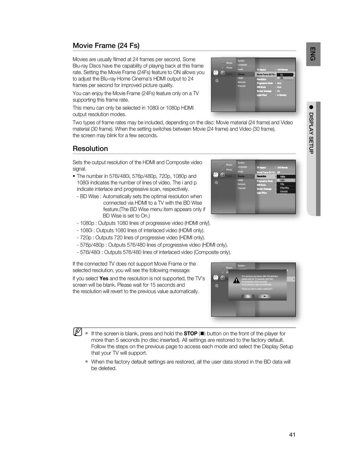 Samsung HT-BD8200T/ADL, HT-BD8200T/EDC, HT-BD8200T/XEF, HT-BD8200T/XET, HT-BD8200T/XEE manual Movie Frame 24 Fs, Resolution 