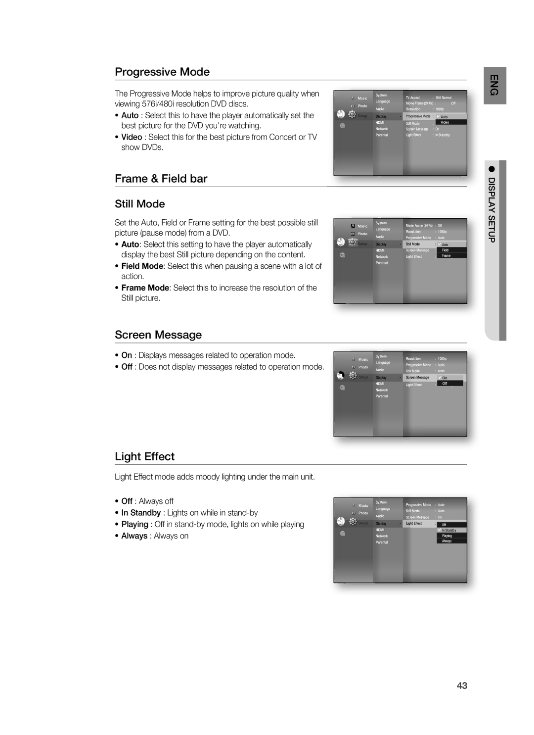 Samsung HT-BD8200T/XET, HT-BD8200T/EDC Progressive Mode, Frame & Field bar, Screen Message, Light Effect, Display Setup 