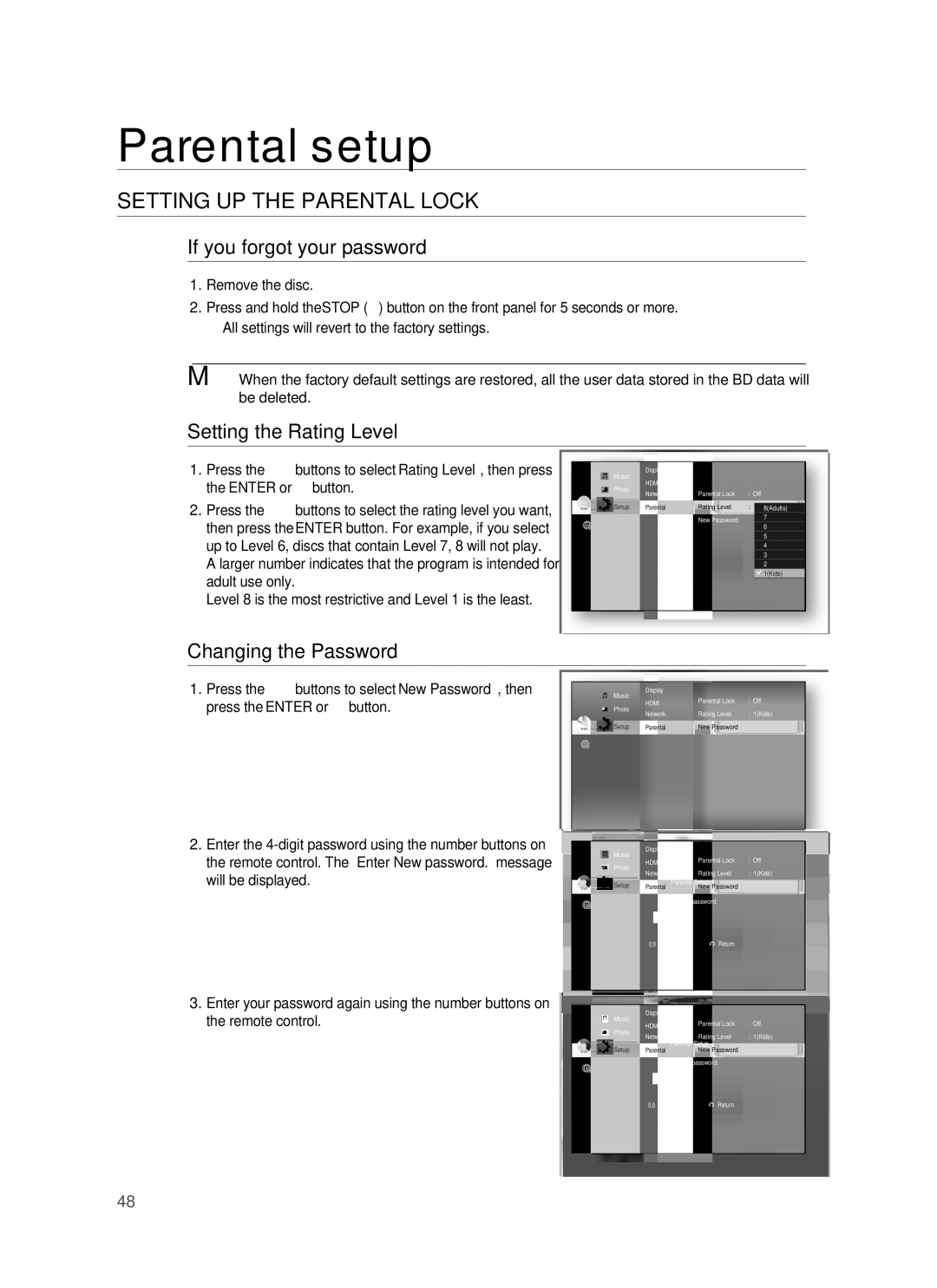 Samsung HT-BD8200T/XET, HT-BD8200T/EDC manual If you forgot your password, Setting the Rating Level, Changing the Password 