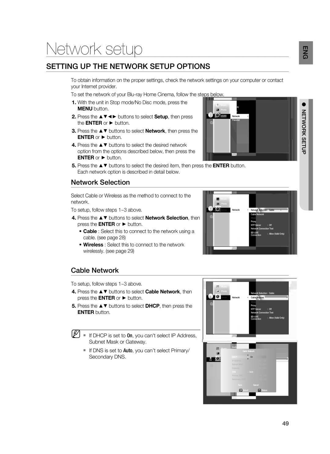 Samsung HT-BD8200T/XEE, HT-BD8200T/EDC manual Setting UP the Network Setup Options, Network Selection, Cable Network 