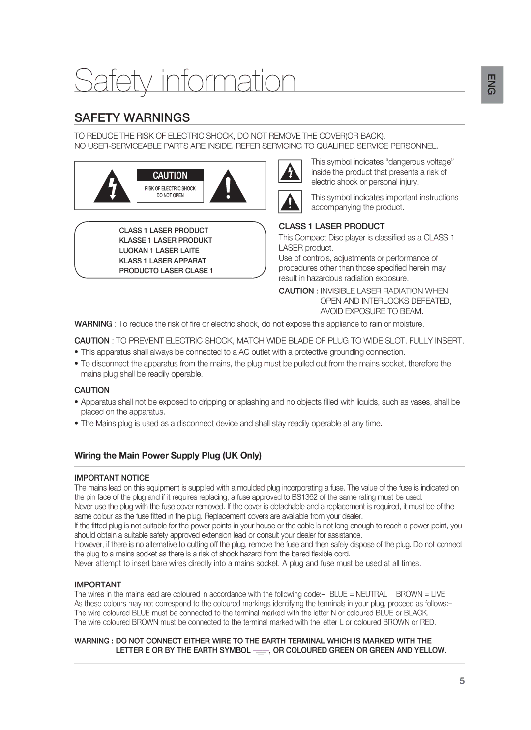 Samsung HT-BD8200T/EDC, HT-BD8200T/ADL manual Safety information, Safety Warnings, Class 1 Laser Product, Important Notice 