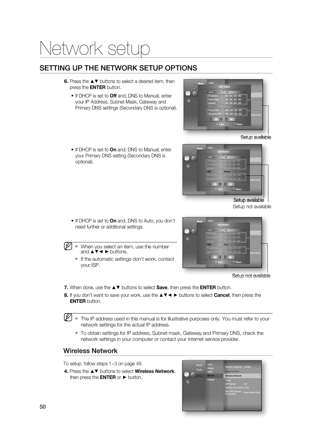 Samsung HT-BD8200T/EDC, HT-BD8200T/ADL, HT-BD8200T/XEF Network setup, Wireless Network, Setup available, Yes Select Return 