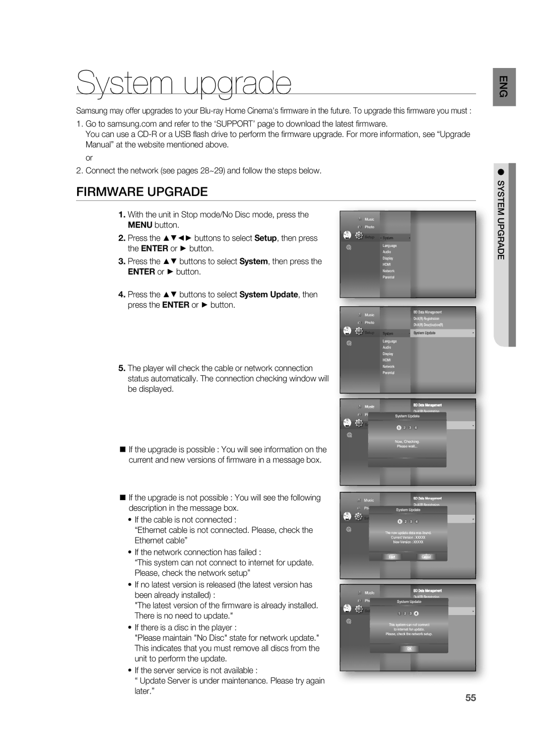 Samsung HT-BD8200T/EDC, HT-BD8200T/ADL, HT-BD8200T/XEF, HT-BD8200T/XET manual System upgrade, Firmware Upgrade, StartCancel 