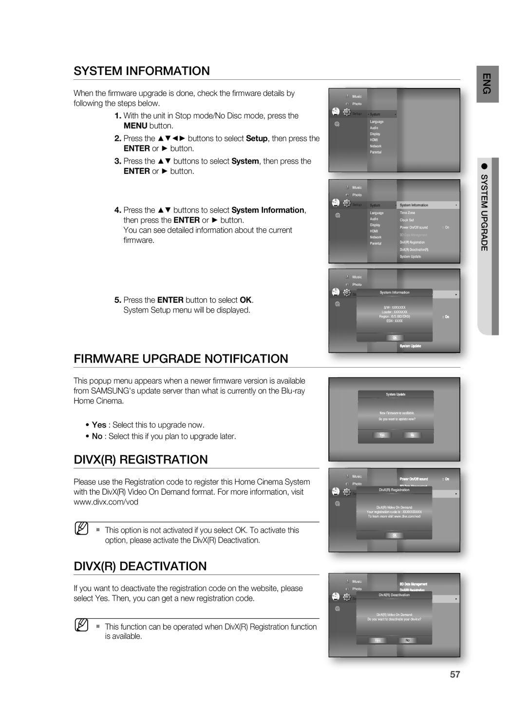 Samsung HT-BD8200T/XEF manual System Information, Firmware Upgrade Notification, Divxr Registration, Divxr Deactivation 