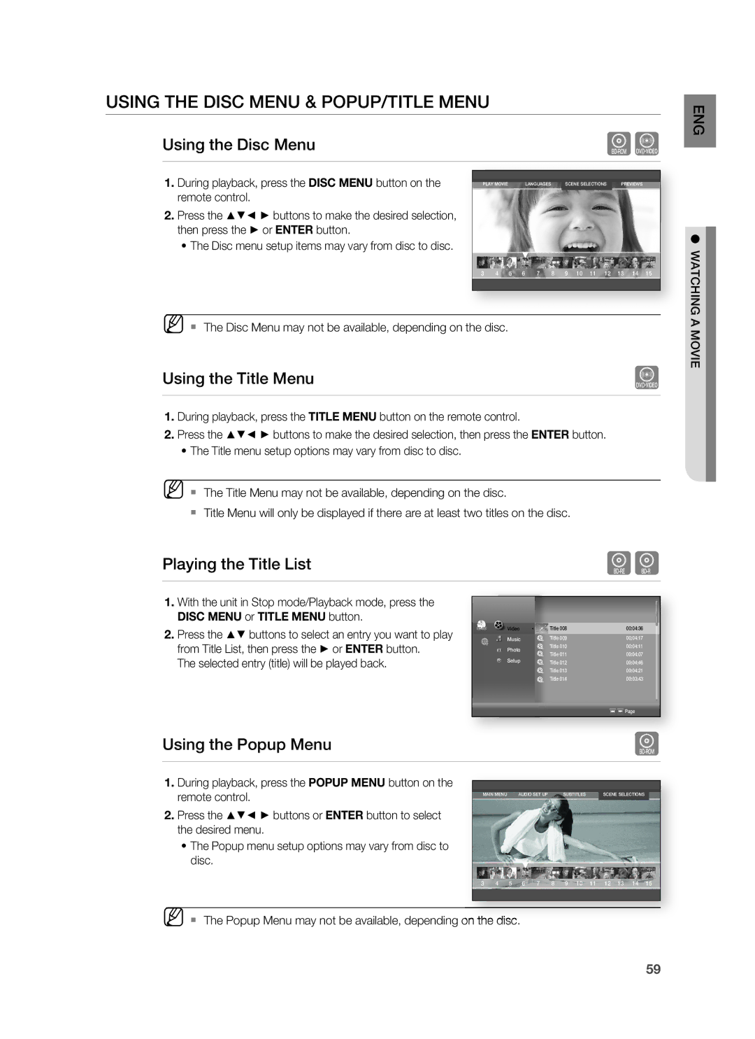 Samsung HT-BD8200T/XEE, HT-BD8200T/EDC manual Using the Disc Menu & POPUP/TITLE Menu, Using the Title Menu, Watching, Movie 