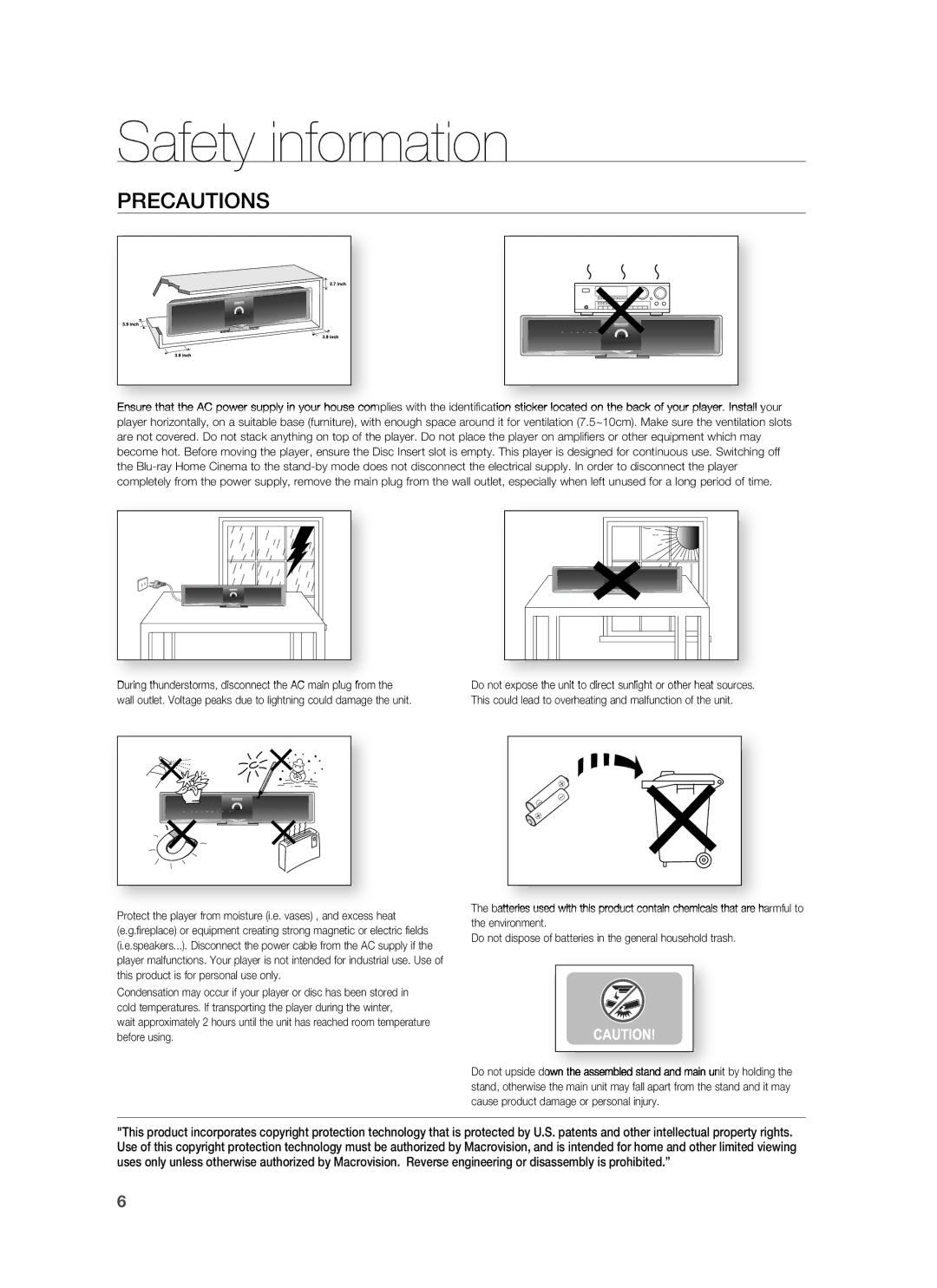 Samsung HT-BD8200T/ADL, HT-BD8200T/EDC, HT-BD8200T/XEF, HT-BD8200T/XET, HT-BD8200T/XEE manual Precautions 