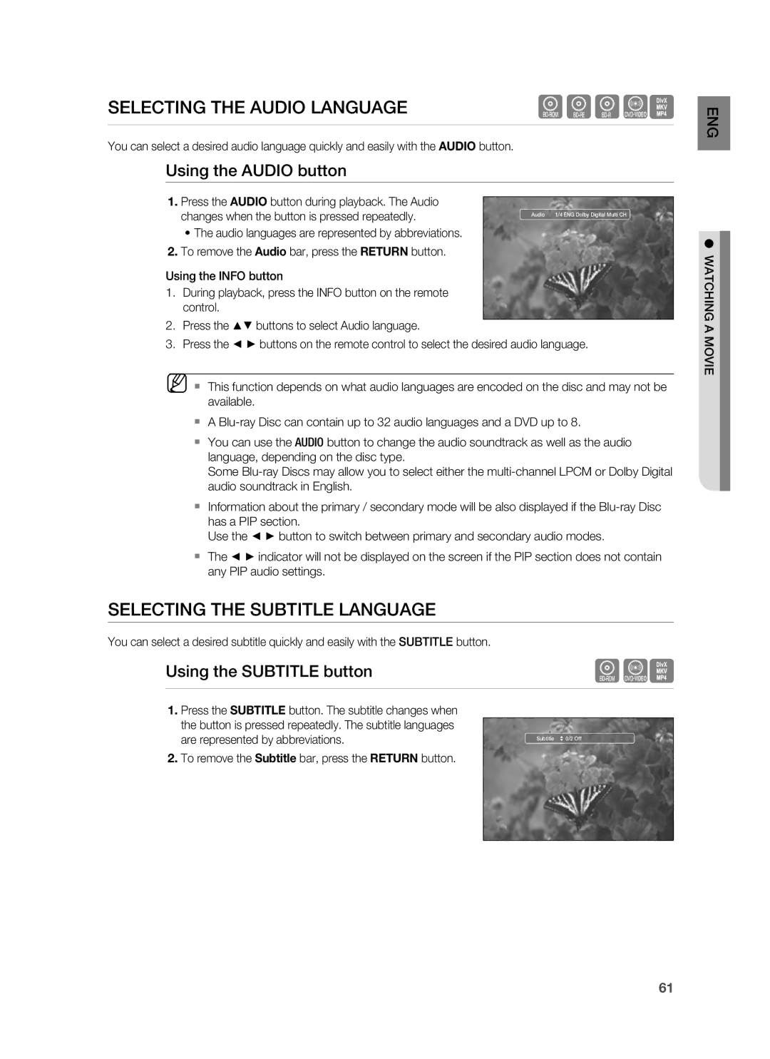 Samsung HT-BD8200T/ADL Selecting the Audio Language, Selecting the Subtitle Language, Using the Audio button, Watching a 