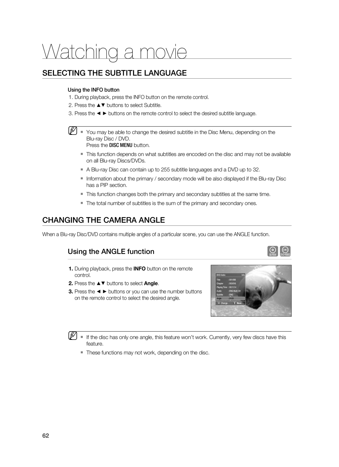 Samsung HT-BD8200T/XEF, HT-BD8200T/EDC, HT-BD8200T/ADL manual Changing the Camera Angle, Using the Angle function, Move 