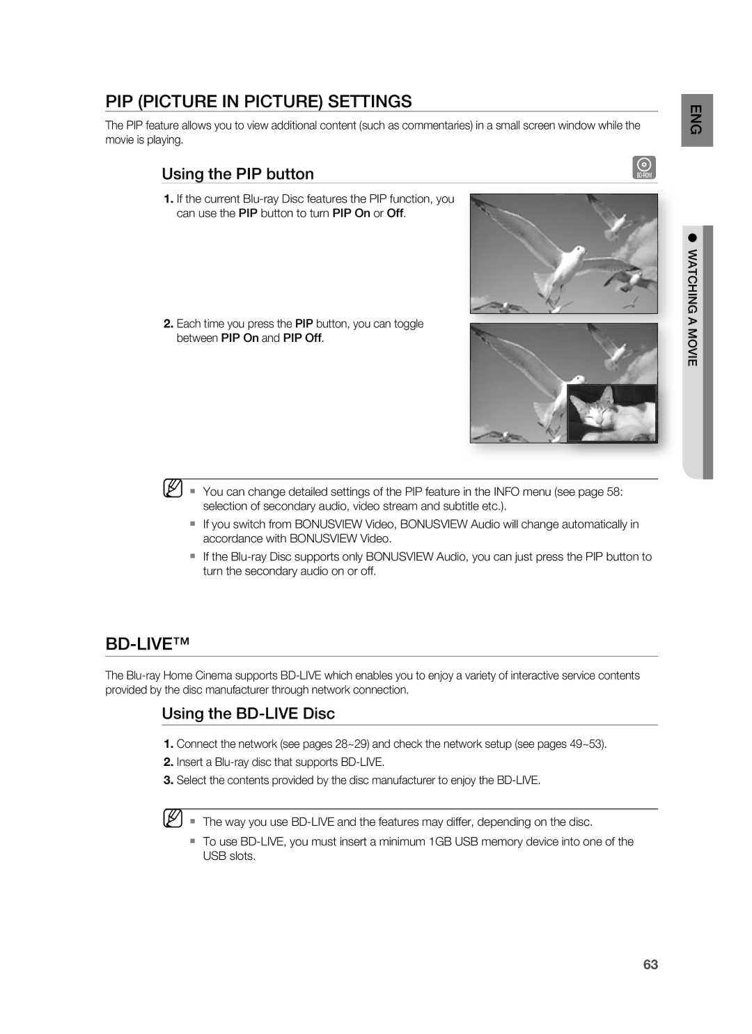 Samsung HT-BD8200T/XET manual PIP Picture in Picture Settings, Bd-Live, Using the PIP button, Using the BD-LIVE Disc 