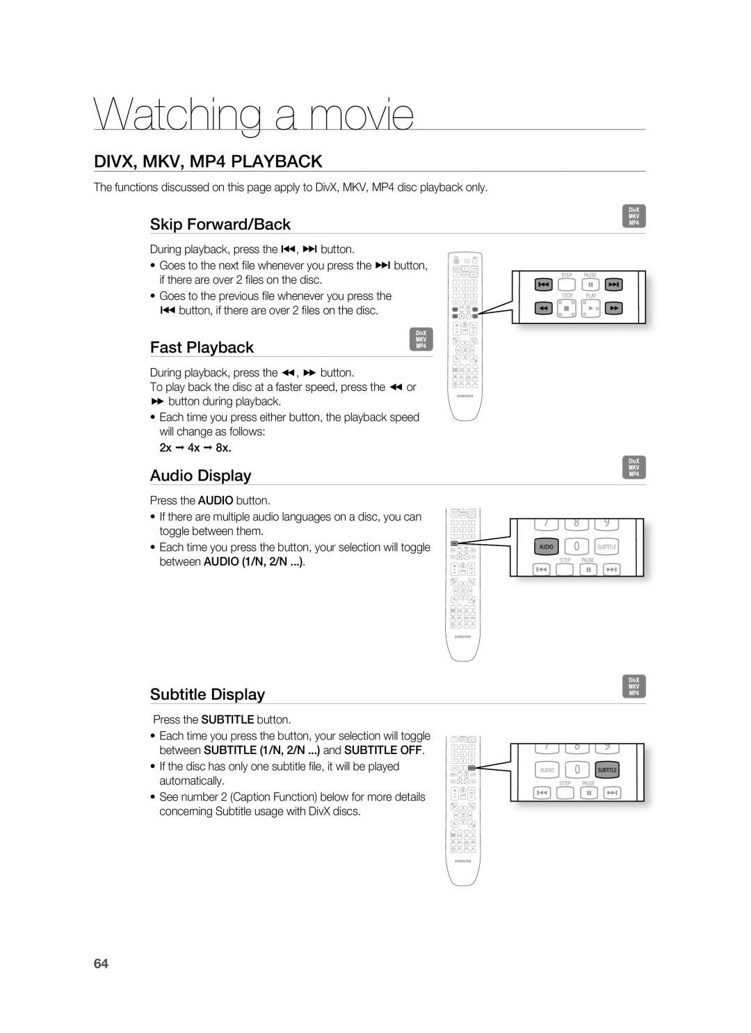 Samsung HT-BD8200T/XEE manual DIVX, MKV, MP4 Playback, Skip Forward/Back, Fast Playback, Audio Display, Subtitle Display 