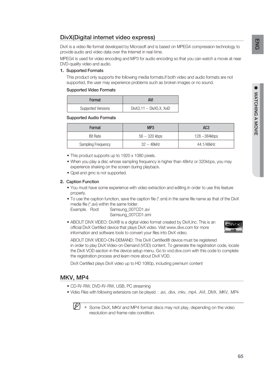 Samsung HT-BD8200T/EDC, HT-BD8200T/ADL, HT-BD8200T/XEF, HT-BD8200T/XET manual DivXDigital internet video express, Avi 