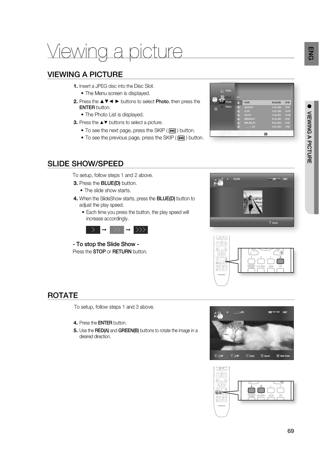 Samsung HT-BD8200T/XEE manual Viewing a picture, Viewing a Picture, Slide SHOW/SPEED, Rotate, To stop the Slide Show 