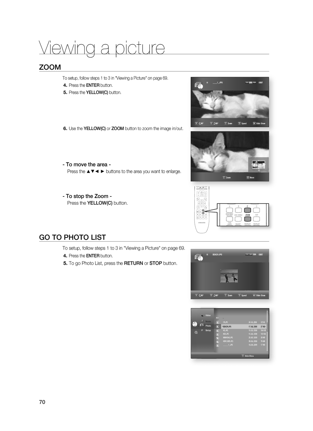 Samsung HT-BD8200T/EDC, HT-BD8200T/ADL, HT-BD8200T/XEF manual GO to Photo List, To move the area, To stop the Zoom 