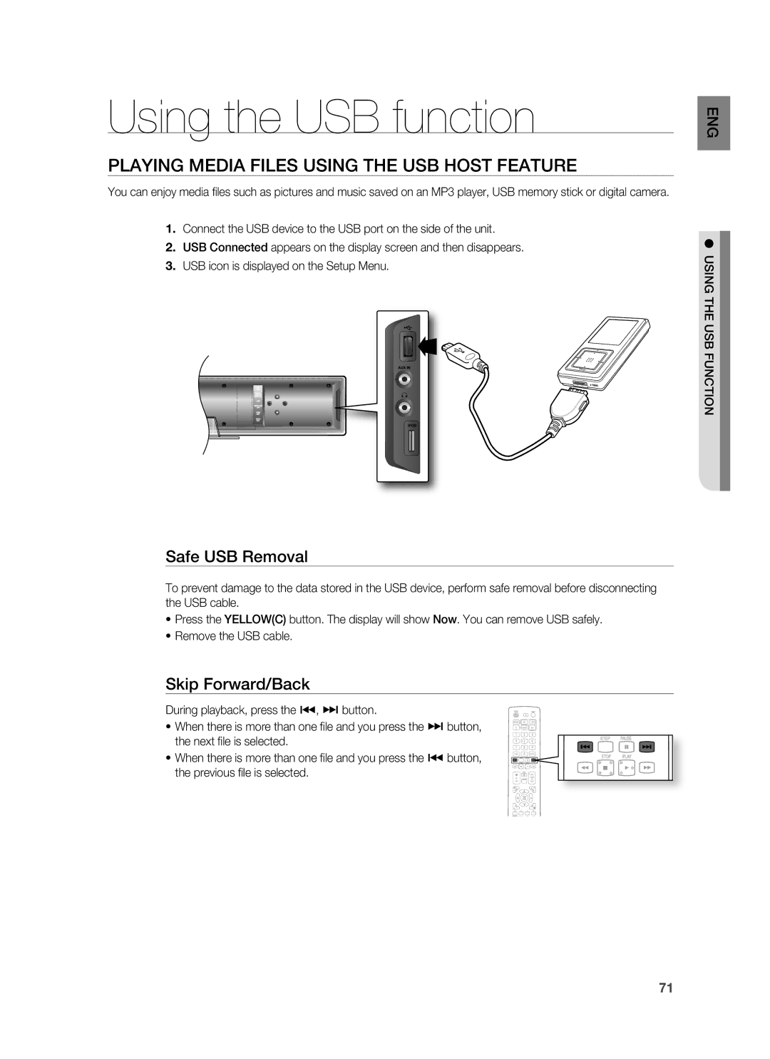 Samsung HT-BD8200T/ADL manual Using the USB function, Playing Media Files Using the USB Host Feature, Safe USB Removal 