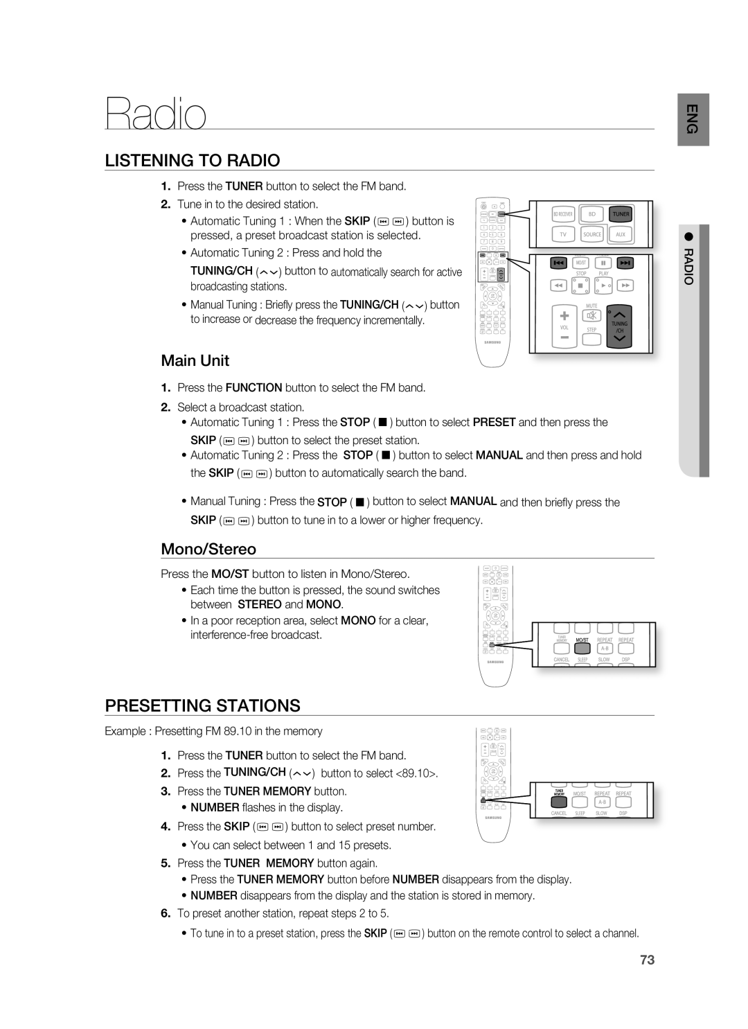 Samsung HT-BD8200T/XET, HT-BD8200T/EDC, HT-BD8200T/ADL Listening to Radio, Presetting Stations, Main Unit, Mono/Stereo 