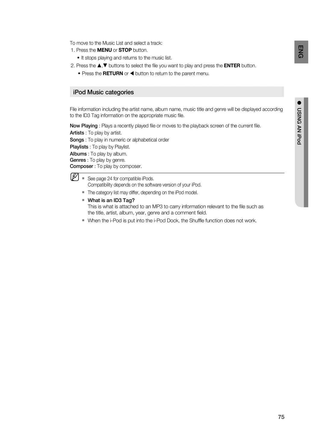 Samsung HT-BD8200T/EDC, HT-BD8200T/ADL, HT-BD8200T/XEF, HT-BD8200T/XET, HT-BD8200T/XEE manual IPod Music categories 