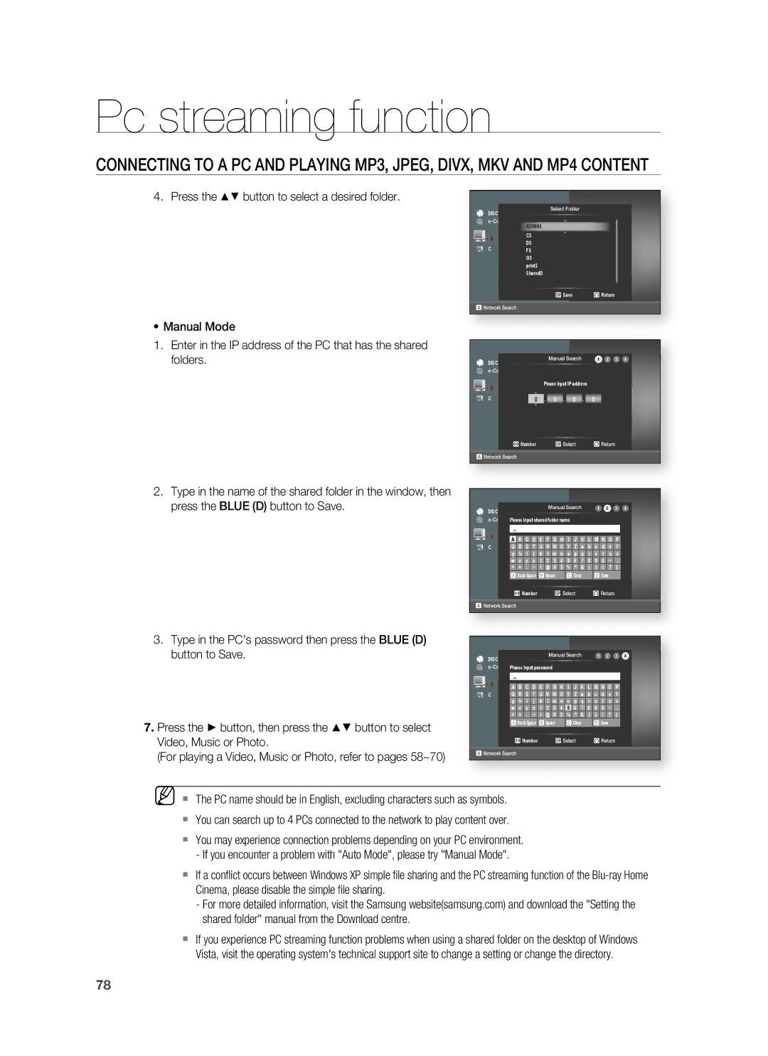 Samsung HT-BD8200T/XET Press the button to select a desired folder, CFS GS print$ SharedD Save ² Return, Manual Search 