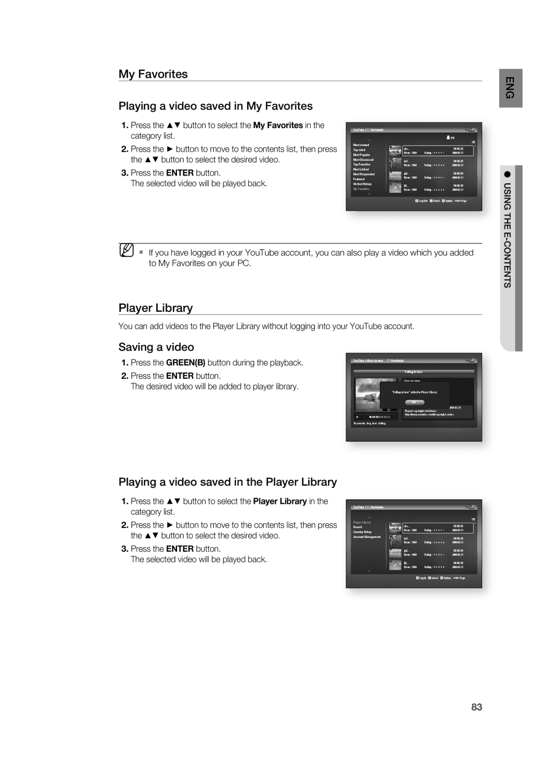 Samsung HT-BD8200T/XET, HT-BD8200T/EDC, HT-BD8200T/ADL, HT-BD8200T/XEF, HT-BD8200T/XEE Player Library, Using the E, Contents 