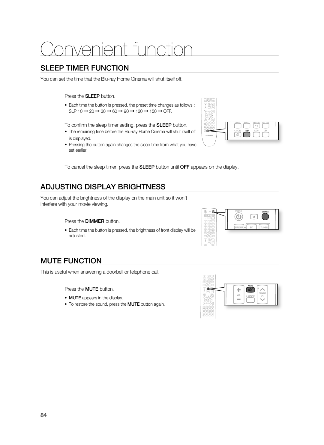 Samsung HT-BD8200T/XEE manual Convenient function, Sleep Timer Function, Adjusting Display Brightness, Mute Function 