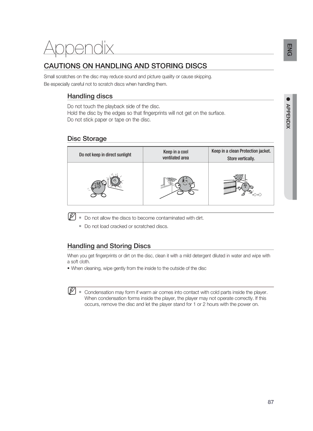 Samsung HT-BD8200T/XEF, HT-BD8200T/EDC, HT-BD8200T/ADL Appendix, Handling discs, Disc Storage, Handling and Storing Discs 